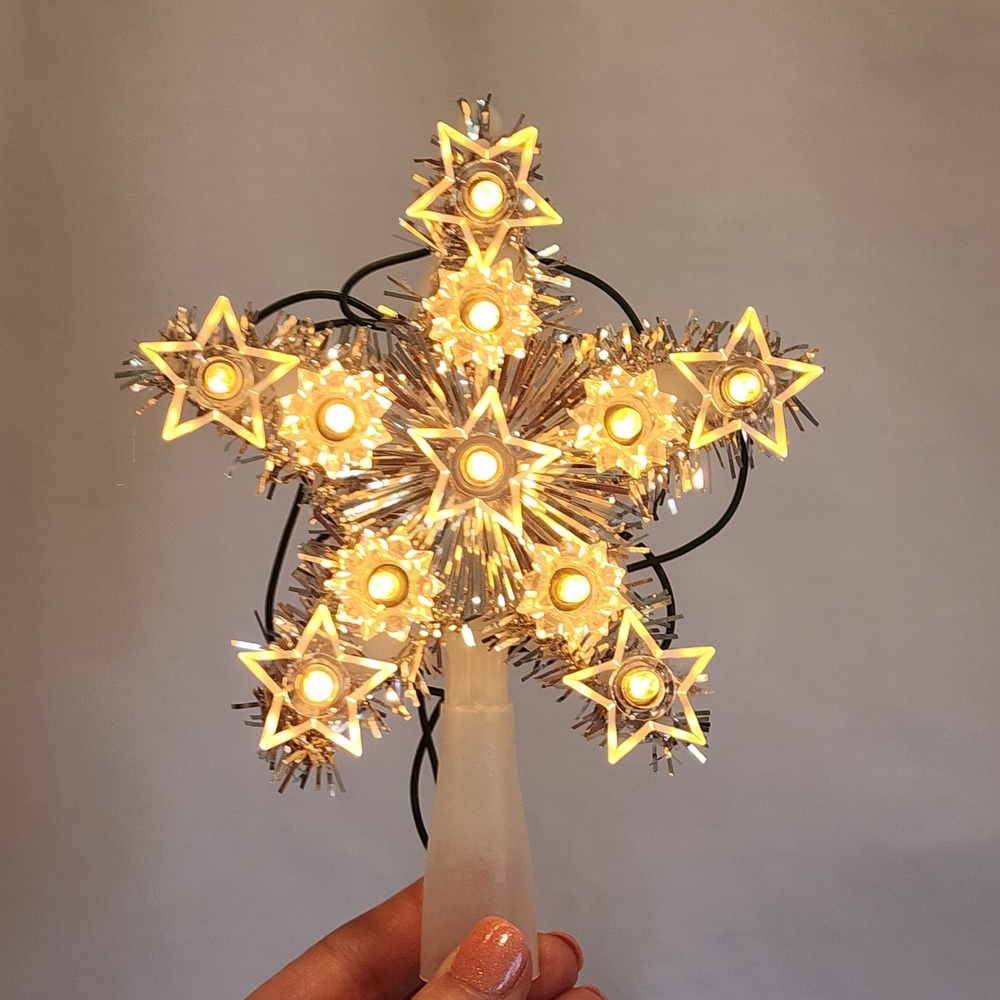 Vintage Woolworth 11 Light Star‎ Christmas Tree Topper Silver Tinsel Retro MCM